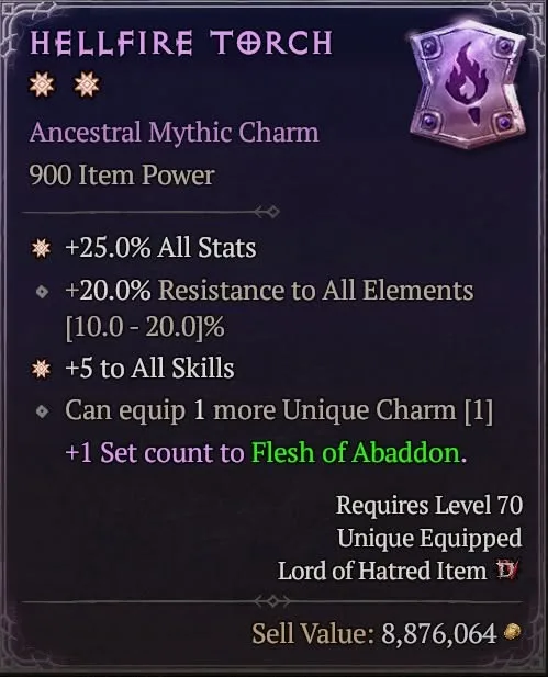Hellfire Torch Ancestral Mythic Charm GA +5 all skills - Diablo 4 Season 15 1